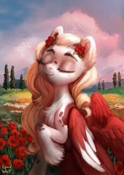 Size: 905x1280 | Tagged: safe, artist:lynxwolf, derpibooru import, oc, oc only, pegasus, pony, g4, background, female, field, flower, flower field, flower in hair, halfbody, illustration, scenery, solo, unshorn fetlocks