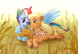 Size: 990x690 | Tagged: safe, artist:lynxwolf, derpibooru import, applejack, rainbow dash, earth pony, pegasus, pony, g4, appledash, clothes, female, granny smith's shawl, lesbian, looking at each other, looking at someone, love, older, older applejack, older rainbow dash, scarf, shipping, unshorn fetlocks