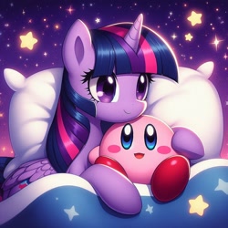 Size: 1024x1024 | Tagged: safe, ai content, derpibooru import, generator:bing image creator, machine learning generated, twilight sparkle, twilight sparkle (alicorn), alicorn, g4, cuddling, cute, hug, kirby, kirby (series), nintendo, pillow, prompter:gaminglover1992, wrong cutie mark