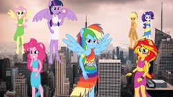 Size: 1920x1080 | Tagged: safe, artist:shambo2000, derpibooru import, applejack, fluttershy, pinkie pie, rainbow dash, rarity, sunset shimmer, twilight sparkle, human, equestria girls, g4, city, clothes, female, giantess, humane five, humane seven, humane six, macro, new york city, ponied up, pony ears