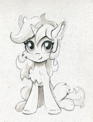 Size: 844x1100 | Tagged: safe, artist:maytee, derpibooru import, lyra heartstrings, pony, unicorn, g4, chest fluff, ear fluff, ears, grayscale, monochrome, sitting, smiling, solo, traditional art