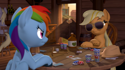 Size: 3840x2160 | Tagged: safe, artist:owlpirate, derpibooru import, applejack, derpy hooves, rainbow dash, earth pony, pegasus, pony, g4, 3d, 4k, cider, crossed hooves, duo focus, female, frown, furrowed brow, hat off, high res, jug, mare, offscreen character, playing card, pocket watch, poker, poker chips, saloon, sitting, smiling, smirk, source filmmaker, sunglasses