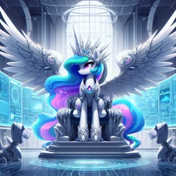 Size: 1024x1024 | Tagged: safe, ai content, derpibooru import, generator:dall-e 3, machine learning generated, princess celestia, alicorn, pony, g4, cybernetic wings, female, horn, large wings, long horn, mare, prompter needed, science fiction, sitting, solo, technology, wings