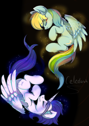 Size: 1240x1754 | Tagged: safe, artist:celedash, derpibooru import, rainbow dash, soarin', pegasus, fanfic:piercing the heavens, g4, eyes closed, fake horn, female, magic, male, romance, shipping, soarindash, spread wings, straight, wings