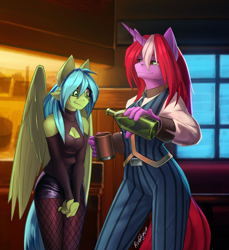 Size: 2300x2508 | Tagged: safe, artist:rublegun, derpibooru import, oc, oc only, anthro, pegasus, unicorn, breasts, duo, horn, pegasus oc, unicorn oc