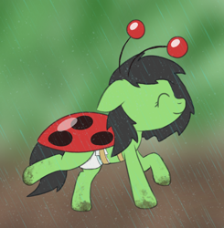 Size: 1390x1421 | Tagged: safe, alternate version, artist:cleverround, derpibooru import, oc, oc only, oc:anon filly, insect, ladybug, pony, clothes, costume, cute, diaper, diaper fetish, eyes closed, female, fetish, filly, foal, happy, mud, non-baby in diaper, outdoors, rain, smiling, solo