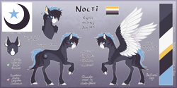 Size: 8000x4000 | Tagged: safe, artist:nocti-draws, derpibooru import, oc, oc only, oc:nocti, pegasus, pony, absurd resolution, coat markings, color palette, concave belly, cutie mark, ear fluff, ears, english, female, fit, gradient background, large wings, mare, muscles, nonbinary pride flag, pride, pride flag, pronouns, raised hoof, raised leg, reference sheet, short mane, short tail, side view, slender, socks (coat marking), solo, spread wings, tail, tall, thin, wingless, wings