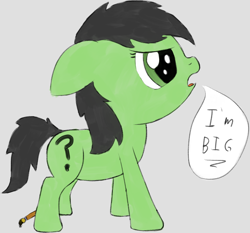 Size: 1010x941 | Tagged: safe, artist:craftycirclepony, derpibooru import, oc, oc only, oc:anon filly, earth pony, pony, angry, dialogue, ears, fake cutie mark, female, filly, floppy ears, foal, gray background, open mouth, paint, paintbrush, simple background, solo