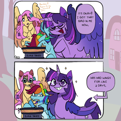 Size: 2000x2000 | Tagged: safe, artist:channydraws, derpibooru import, fluttershy, rainbow dash, twilight sparkle, twilight sparkle (alicorn), alicorn, pegasus, pony, g4, 2 panel comic, behaving like a bird, bird seed, comic, dialogue, ears, eating, eyeshadow, female, floppy ears, flower, flower in hair, glasses, grin, makeup, mare, smiling, sparkles, speech bubble, trio