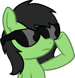 Size: 813x847 | Tagged: safe, artist:craftycirclepony, derpibooru import, oc, oc only, oc:anon filly, pony, bust, cool, female, filly, foal, like a boss, rainbow dash's sunglasses, raised leg, simple background, solo, sunglasses, transparent background