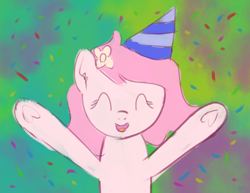 Size: 1146x883 | Tagged: safe, artist:craftycirclepony, derpibooru import, oc, oc only, oc:kayla, earth pony, pony, confetti, cute, eyes closed, female, filly, flower, flower in hair, foal, happy, hat, open mouth, party hat, raised leg, smiling, solo, underhoof