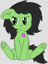 Size: 1094x1472 | Tagged: safe, artist:craftycirclepony, derpibooru import, oc, oc only, oc:anon filly, earth pony, pony, :t, ears, embarrassed, female, filly, floppy ears, foal, gray background, ribbon, simple background, sitting, solo, underhoof