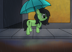 Size: 1891x1380 | Tagged: safe, artist:craftycirclepony, derpibooru import, oc, oc only, oc:anon filly, earth pony, pony, alley, female, filly, foal, puddle, rain, reflection, sidewalk, smiling, solo, umbrella, window