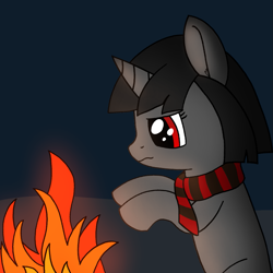 Size: 1189x1188 | Tagged: safe, artist:craftycirclepony, derpibooru import, oc, oc only, oc:ada, pony, unicorn, campfire, clothes, d'lirium, female, fire, mare, night, raised leg, scarf, solo, striped scarf, wavy mouth