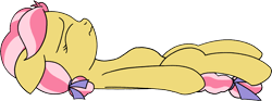 Size: 1576x587 | Tagged: safe, artist:craftycirclepony, derpibooru import, kettle corn, earth pony, pony, bow, female, filly, foal, frown, hair bow, lidded eyes, lying down, simple background, solo, stuffed belly, transparent background, wavy mouth