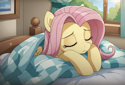 Size: 1216x832 | Tagged: source needed, safe, ai content, derpibooru import, generator:purplesmart.ai, generator:stable diffusion, machine learning generated, fluttershy, pegasus, pony, g4, bed, bedroom, eyes closed, female, in bed, indoors, lying down, lying on bed, mare, on bed, prompter:craft, prone, sleeping