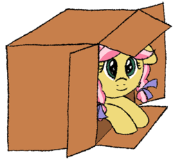 Size: 1166x1084 | Tagged: safe, artist:craftycirclepony, derpibooru import, kettle corn, pony, bow, box, cardboard box, cute, female, filly, foal, hair bow, hiding, lying down, pony in a box, simple background, smiling, solo, white background