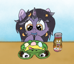 Size: 1436x1246 | Tagged: safe, artist:craftycirclepony, derpibooru import, oc, oc only, oc:rivibaes, pony, unicorn, broccoli, cute, danimals, excited, female, filly, foal, food, hair accessory, hoof tapping, mochi, nori maki, open mouth, plate, smiling, snacks, solo, table, yogurt, zoo pals