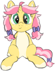 Size: 565x720 | Tagged: safe, artist:craftycirclepony, derpibooru import, oc, oc only, oc:crafty circles, pony, unicorn, bow, coat markings, cute, female, filly, foal, freckles, hair bow, looking at you, simple background, sitting, socks (coat marking), solo, spread legs, spreading, transparent background