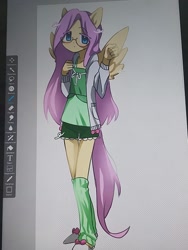 Size: 960x1280 | Tagged: source needed, safe, alternate version, artist:torugann, derpibooru import, fluttershy, human, pegasus, g4, bow, clothes, gaiters, humanized, long hair, looking at you, photo, picture of a screen, shirt, shorts, slippers, solo, sweater, sweatershy, wings, wip