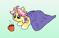 Size: 1272x834 | Tagged: safe, artist:craftycirclepony, derpibooru import, oc, oc only, oc:crafty circles, pony, unicorn, blanket, bow, chocolate, coat markings, cute, female, filly, foal, food, freckles, gradient background, hair bow, hot chocolate, lying down, mug, prone, smiling, socks (coat marking), solo