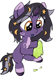 Size: 848x1163 | Tagged: safe, artist:craftycirclepony, derpibooru import, oc, oc only, oc:rivibaes, unicorn, cute, gak, hair accessory, happy, open mouth, simple background, sitting, slime, smiling, solo, transparent background