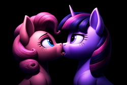 Size: 1920x1280 | Tagged: safe, ai content, derpibooru import, machine learning generated, pinkie pie, twilight sparkle, twilight sparkle (alicorn), alicorn, earth pony, pony, g4, black background, bust, duo, duo female, female, lesbian, mare, prompter:cunningstuntda, shipping, simple background, twinkie