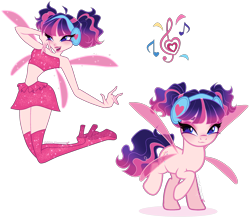 Size: 2860x2495 | Tagged: safe, artist:gihhbloonde, derpibooru import, pinkie pie, human, pony, equestria girls, g4, bare shoulders, bipedal, boots, closed mouth, clothes, crossover fusion, eyeshadow, fairy wings, female, floating, fusion, gradient hair, gradient mane, gradient tail, headphones, lightly watermarked, makeup, mare, musa, open mouth, open smile, pigtails, raised hoof, raised leg, shoes, simple background, skirt, sleeveless, smiling, sparkly wings, standing, strapless, tail, transparent background, transparent wings, tube top, watermark, wings, winx club