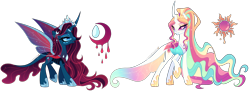 Size: 4656x1702 | Tagged: safe, artist:gihhbloonde, derpibooru import, oc, oc only, changedling, changeling, changepony, hybrid, g4, blue sclera, changedling oc, changeling oc, colored sclera, cousins, crown, duo, ethereal mane, eyeshadow, female, folded wings, frown, gradient mane, gradient tail, grin, head turn, hoof shoes, horn, horn ring, interspecies offspring, jewelry, lightly watermarked, long mane, long tail, magenta eyes, makeup, mare, not celestia, not luna, offspring, open mouth, parent:pharynx, parent:princess celestia, parent:princess luna, parent:thorax, parents:lunarynx, parents:thoralestia, pink sclera, ponytail, princess shoes, raised hoof, raised leg, regalia, ring, siblings, simple background, sisters, smiling, sparkly mane, sparkly tail, sparkly wings, spread wings, standing, tail, teal eyes, transparent background, transparent wings, unnamed oc, watermark, wings