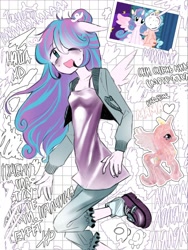 Size: 962x1280 | Tagged: safe, artist:torugann, derpibooru import, cozy glow, princess cadance, princess flurry heart, alicorn, earth pony, human, pony, g4, among us, bags under eyes, clothes, cute, cyrillic, female, gaiters, humanized, implied princess cadance, older, older flurry heart, pony ears, shirt, shoes, sneakers, solo, sweater, text, toy, wings