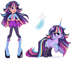 Size: 4215x3487 | Tagged: safe, artist:gihhbloonde, derpibooru import, twilight sparkle, human, pony, unicorn, equestria girls, g4, bare midriff, boots, closed mouth, clothes, colored horn, crossover fusion, eyeshadow, female, fingerless gloves, fusion, gloves, gradient hair, gradient mane, gradient tail, hand on hip, high heel boots, horn, jacket, jewelry, leggings, lightly watermarked, long horn, looking up, makeup, mare, multicolored horn, necklace, plaid skirt, platform boots, purple eyes, rearing, shoes, simple background, skirt, smiling, socks, sophia mendoza, standing, striped horn, tail, transparent background, unicorn academy, watermark, windstar (unicorn academy)