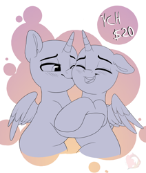 Size: 3232x3811 | Tagged: safe, artist:joaothejohn, derpibooru import, pony, blushing, commission, couple, cute, eyes closed, heart, holiday, kiss on the cheek, kissing, lidded eyes, open mouth, ponytail, shipping, simple background, smiling, valentine's day, wings, your character here