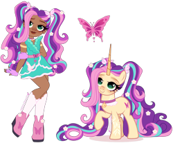 Size: 4110x3415 | Tagged: safe, artist:gihhbloonde, derpibooru import, fluttershy, butterfly, human, pony, unicorn, equestria girls, g4, armband, ava banji, bell, bell collar, belt, clothes, collar, colored horn, crossover fusion, dress, female, fingerless gloves, flower, flower in hair, flower in tail, fusion, gloves, green eyes, horn, leaf (unicorn academy), lightly watermarked, long horn, long mane, long tail, mare, moderate dark skin, pigtails, raised hoof, raised leg, simple background, slightly chubby, socks, standing, tail, transparent background, unicorn academy, watermark