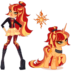 Size: 3320x3315 | Tagged: safe, artist:gihhbloonde, derpibooru import, sunset shimmer, human, pony, unicorn, equestria girls, g4, boots, cinder (unicorn academy), closed mouth, clothes, collar, colored hooves, crossover fusion, female, fusion, green eyes, hand on hip, horn, jacket, leather, leather jacket, leggings, lidded eyes, lightly watermarked, long horn, mare, plaid skirt, ponytail, raised hoof, raised leg, shirt, shoes, simple background, skirt, smiling, transparent background, unicorn academy, valentina furi, watermark