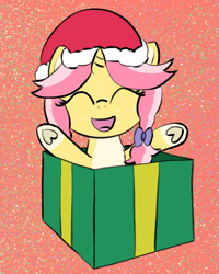 Size: 1200x1500 | Tagged: safe, artist:craftycirclepony, derpibooru import, oc, oc only, oc:crafty circles, unicorn, christmas, coat markings, cute, eyes closed, female, filly, foal, freckles, happy, hat, holiday, present, santa hat, smiling, socks (coat marking), solo, underhoof