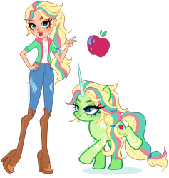 Size: 2940x3099 | Tagged: safe, artist:gihhbloonde, derpibooru import, human, pony, equestria girls, g4, boots, closed mouth, clothes, colored horn, cowboy boots, crossover fusion, denim, female, freckles, fusion, green eyes, hand on hip, high heel boots, horn, impossibly thin legs, isabel armstrong, jacket, jeans, lightly watermarked, long horn, mare, open mouth, open smile, pants, peace sign, ponytail, raised hoof, raised leg, river (unicorn academy), shirt, shoes, simple background, smiling, transparent background, unicorn academy, watermark