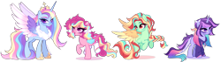 Size: 5592x1597 | Tagged: safe, artist:gihhbloonde, derpibooru import, oc, oc only, alicorn, pegasus, pony, unicorn, g4, alicorn oc, bow, braid, closed mouth, clothes, colored wings, colored wingtips, crown, eyeshadow, female, folded wings, freckles, gradient eyebrows, gradient mane, gradient tail, gradient wings, grin, group, hair bow, hoodie, hoof shoes, horn, jewelry, leonine tail, lidded eyes, lightly watermarked, long mane, long tail, looking at you, magical lesbian spawn, mare, multicolored hair, offspring, open mouth, open smile, orange eyes, parent:applejack, parent:pinkie pie, parent:princess cadance, parent:rainbow dash, parent:twilight sparkle, parents:appledash, parents:cadash, parents:pinkiedash, parents:twidash, pegasus oc, pigtails, pink eyes, princess shoes, quartet, rainbow eyeshadow, rainbow hair, raised hoof, raised leg, regalia, simple background, smiling, socks, tail, transparent background, unicorn oc, unnamed oc, watermark, wings