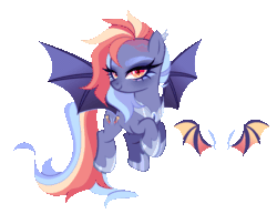 Size: 2256x1746 | Tagged: safe, artist:gihhbloonde, derpibooru import, oc, oc only, bat pony, pony, g4, animated, bat pony oc, closed mouth, colored wings, ear piercing, earring, eyeshadow, female, flying, gradient wings, head turn, hoof shoes, jewelry, lidded eyes, lightly watermarked, looking at you, makeup, mare, multicolored hair, orange eyes, parent:night guard, parent:rainbow dash, peytral, piercing, rainbow hair, simple background, slit eyes, smiling, solo, transparent background, unnamed oc, watermark, wings