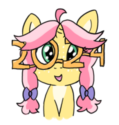 Size: 536x564 | Tagged: safe, artist:craftycirclepony, derpibooru import, oc, oc only, oc:crafty circles, unicorn, 2024, bow, bust, cute, female, filly, foal, freckles, glasses, hair bow, happy, happy new year, holiday, looking at you, new year, open mouth, simple background, solo, white background