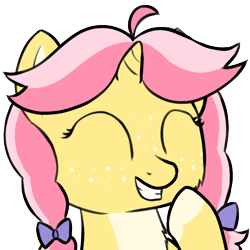 Size: 706x706 | Tagged: safe, artist:craftycirclepony, derpibooru import, oc, oc only, oc:crafty circles, unicorn, bust, eyes closed, female, filly, foal, freckles, giggling, hoof over mouth, laughing, raised leg, simple background, smiling, solo, transparent background