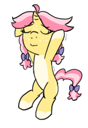 Size: 356x514 | Tagged: safe, artist:craftycirclepony, derpibooru import, oc, oc only, oc:crafty circles, unicorn, butt freckles, coat markings, cute, ears, eyes closed, female, filly, floppy ears, foal, freckles, raised leg, simple background, sitting, socks (coat marking), solo, stretching, white background