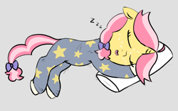 Size: 1596x1004 | Tagged: safe, artist:craftycirclepony, derpibooru import, oc, oc only, oc:crafty circles, pony, unicorn, bow, clothes, coat markings, cute, ears, eyes closed, floppy ears, footed sleeper, freckles, gray background, hair bow, lying down, onesie, onomatopoeia, open mouth, pajamas, pillow, simple background, sleeping, socks (coat marking), solo, sound effects, stars, zzz