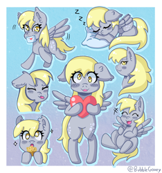 Size: 3000x3200 | Tagged: safe, artist:bubblegooey, derpibooru import, derpy hooves, pegasus, pony, g4, :3, :p, ^^, bipedal, bleh, blush sticker, blushing, cute, derp, derpabetes, ear fluff, ears, expressions, eyes closed, female, floppy ears, flying, folded wings, food, golden eyes, gradient background, gray coat, happy, heart, high res, holding, laughing, letter, lidded eyes, looking at you, looking back, mailmare, mare, mouth hold, muffin, onomatopoeia, open mouth, open smile, pillow, raised hoof, raised leg, signature, sitting, sleeping, smiling, smug, solo, sound effects, sparkles, spread wings, standing, starry eyes, surprised, tongue, tongue out, wingding eyes, wings, yellow mane, zzz