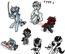 Size: 980x810 | Tagged: safe, artist:taoyvfei, derpibooru import, cozy glow, king sombra, oc, oc:taoyvfei, earth pony, pegasus, pony, unicorn, g4, bipedal, crying, genshin impact, horn, isaac, lilith（the binding of isaac）, neuvillette (genshin impact ), shenhe (genshin impact), the binding of isaac