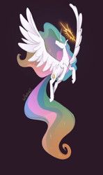 Size: 3937x6660 | Tagged: safe, artist:stellardoodles, derpibooru import, princess celestia, alicorn, pony, g4, absurd resolution, eyes closed, female, flying, halo, mare, purple background, simple background, solo