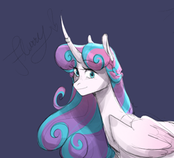 Size: 2476x2251 | Tagged: safe, artist:stellardoodles, derpibooru import, princess flurry heart, alicorn, pony, g4, blue background, bust, curved horn, female, high res, horn, horn ring, looking at you, mare, older, older flurry heart, ring, simple background, smiling, smiling at you, solo