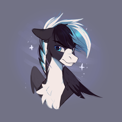 Size: 4000x4000 | Tagged: safe, artist:nettlemoth, derpibooru import, oc, oc only, oc:squall windfeather, pegasus, pony, blue eyes, bust, chest fluff, ears, floppy ears, handsome, looking sideways, male, pegasus oc, portrait, scar, sketch, smiling, smirk, sparkles, stallion, tricolor mane