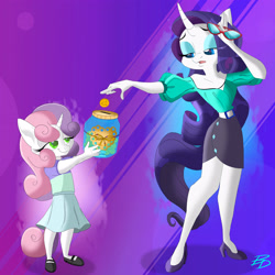 Size: 3456x3456 | Tagged: safe, artist:bluedragon0812, derpibooru import, rarity, sweetie belle, anthro, plantigrade anthro, unicorn, g4, abstract background, belle sisters, clothes, coin, cute, darling jar, diasweetes, dress, duo, duo female, eyeshadow, female, filly, foal, glasses, glasses off, gradient background, high heels, jar, lidded eyes, makeup, mare, mary janes, rarity's glasses, shoes, siblings, sisters, skirt, swear jar