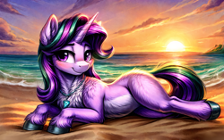 Size: 3264x2048 | Tagged: safe, ai content, anonymous artist, derpibooru import, generator:easyfluff v11.2, generator:stable diffusion, machine learning generated, starlight glimmer, pony, unicorn, g4, beach, blushing, chest fluff, detailed, detailed background, ear fluff, ears, female, feral, fluffy, happy, high res, hooves, jewelry, looking at you, lying, lying down, mare, missing cutie mark, necklace, ocean, on side, png, smiling, smiling at you, solo, sunset, water