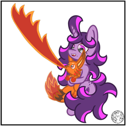 Size: 2000x2000 | Tagged: safe, artist:dice-warwick, derpibooru import, oc, oc:fizzy fusion pop, fox, pony, unicorn, female, fire, flamethrower, hug, mare, palworld, simple background, transparent background, weapon